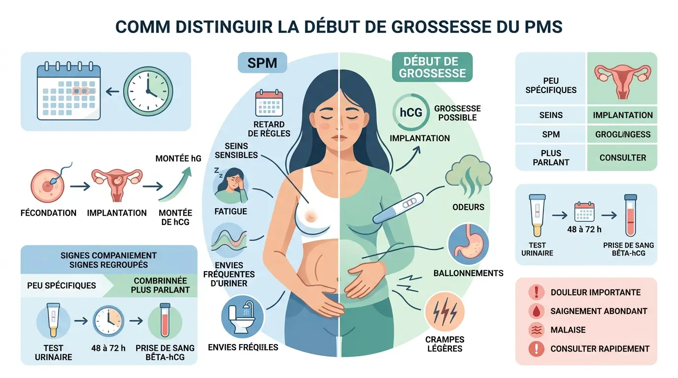 Infographie éducative sur les premiers symptômes de grossesse, comparant avec le SPM et illustrant les signes clés.