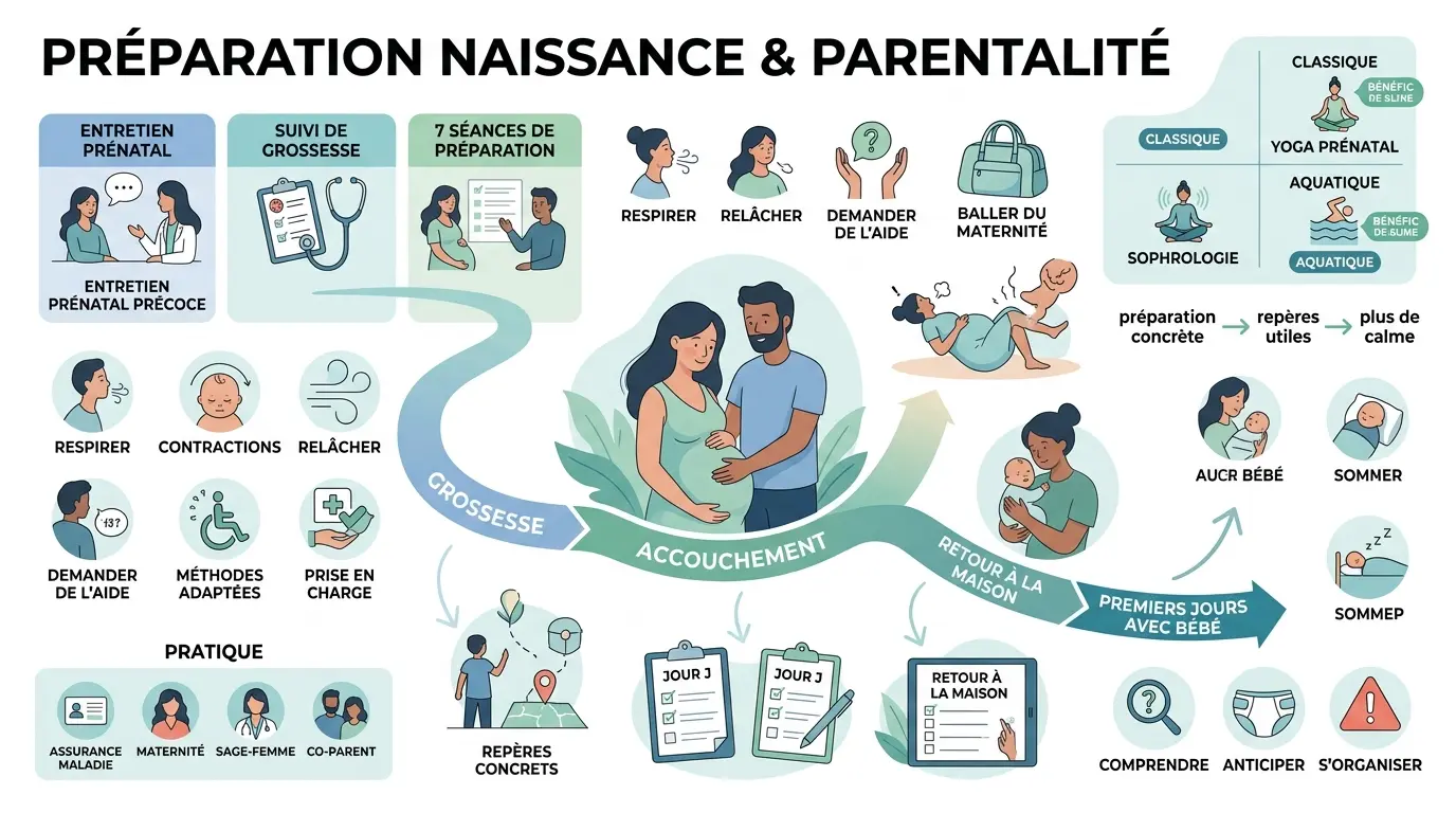 Infographie sur la préparation naissance parentalité, illustrant les étapes de grossesse, accouchement et retour à la maison avec bébé.