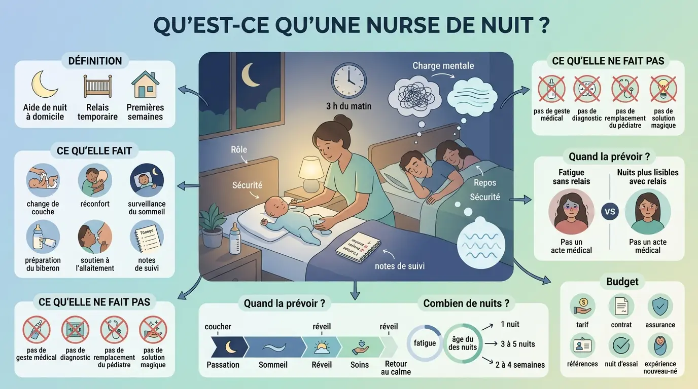 Infographie éducative sur qu'est-ce qu'une nurse de nuit, montrant une infirmière veillant sur un nouveau-né pendant que les parents dorment.