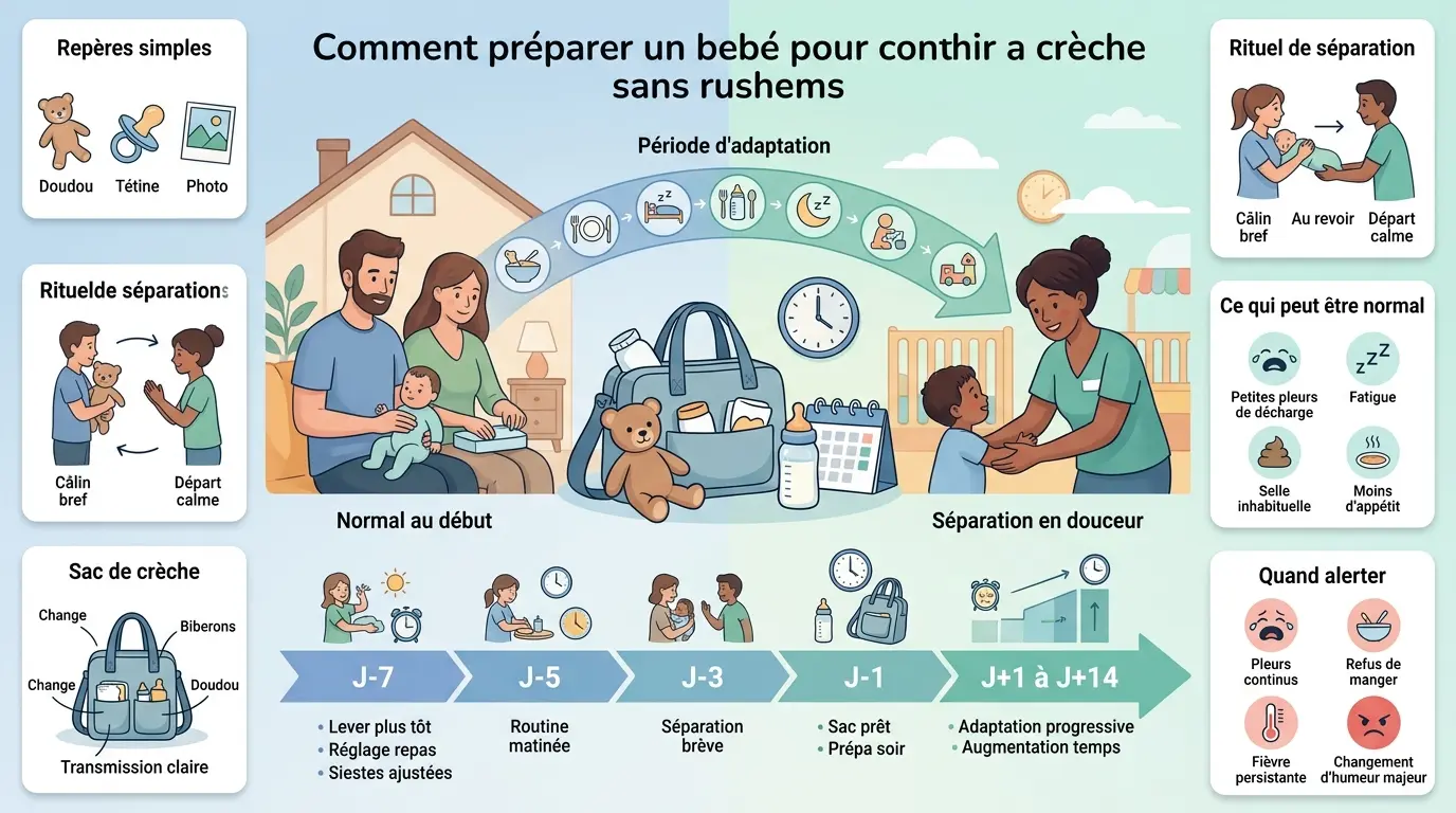 Infographie éducative sur la rentrée crèche préparer bébé avec étapes d'adaptation, objets familiers et rituels apaisants.