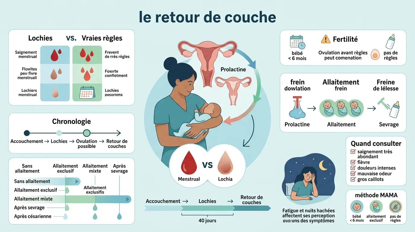 Infographie éducative sur le retour de couche, montrant les lochies, la chronologie postpartum et des conseils de consultation.