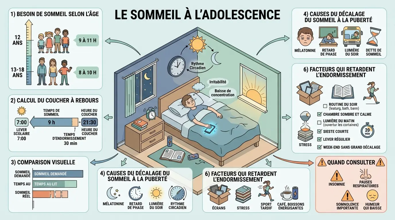 Infographie éducative sur le sommeil adolescent heures, illustrant les besoins, causes et solutions pour un meilleur sommeil.
