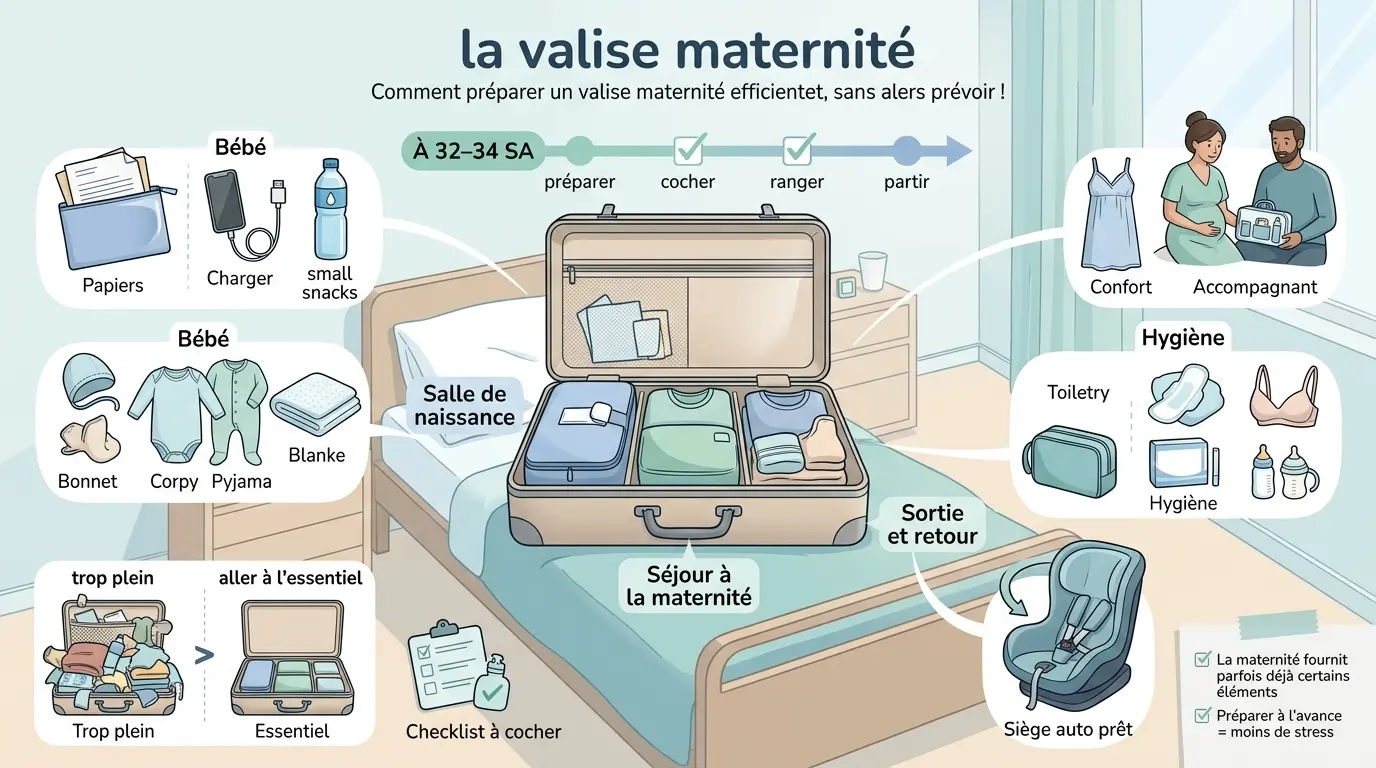 Infographie sur la valise maternite liste complete, montrant une valise ouverte avec des compartiments pour bebe, maman et accompagnant.