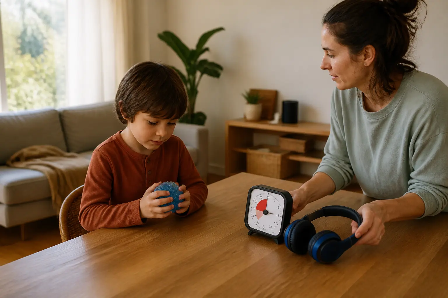 Anti stress enfant : enfant apaisé à table avec balle anti-stress, minuteur visuel et casque anti-bruit, salon chaleureux