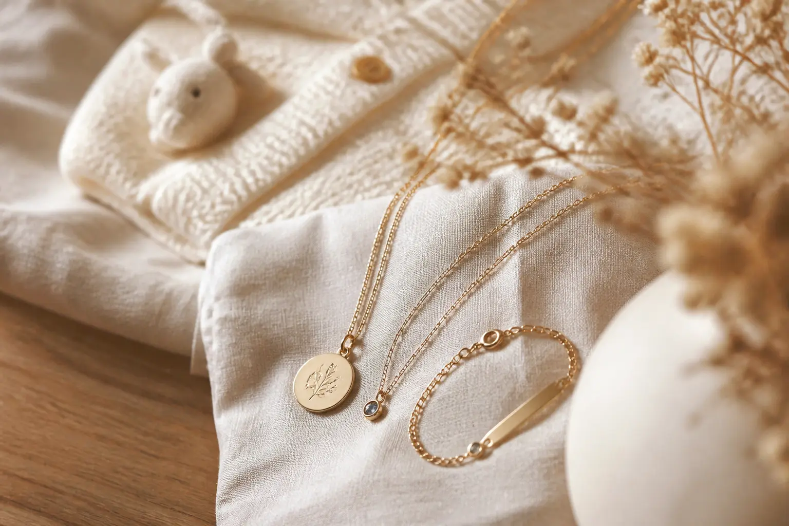 Bijoux naissance original : collier personnalisé, médaillon gravé, bracelet fin et pierre de naissance sur fond chaleureux.