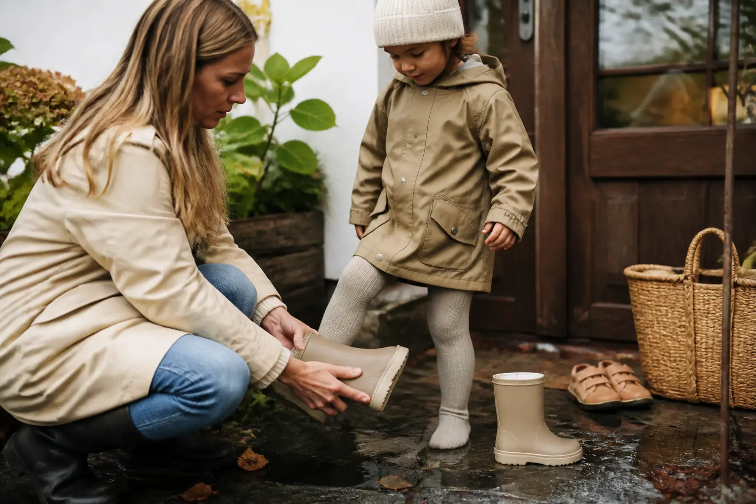 Botte bisgaard enfant en caoutchouc, tenue par un parent près d’une entrée mouillée, enfant à côté, style familial chaleureux