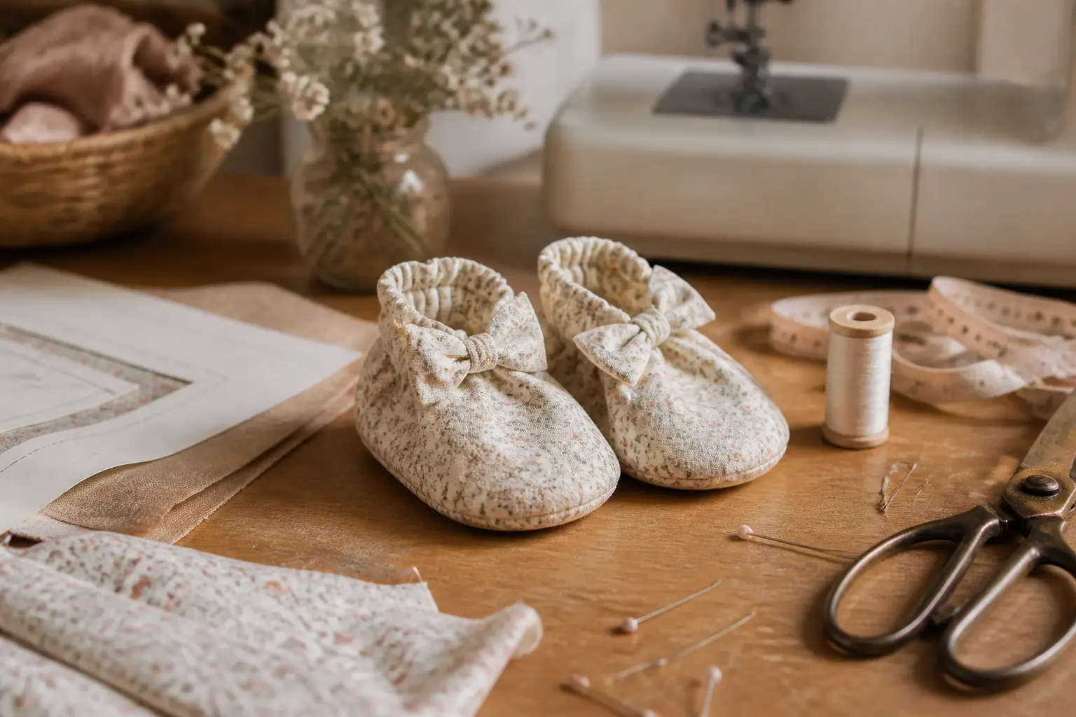 Chausson bébé couture faits main sur table en bois, tissus, patrons, ciseaux et machine à coudre en arrière-plan