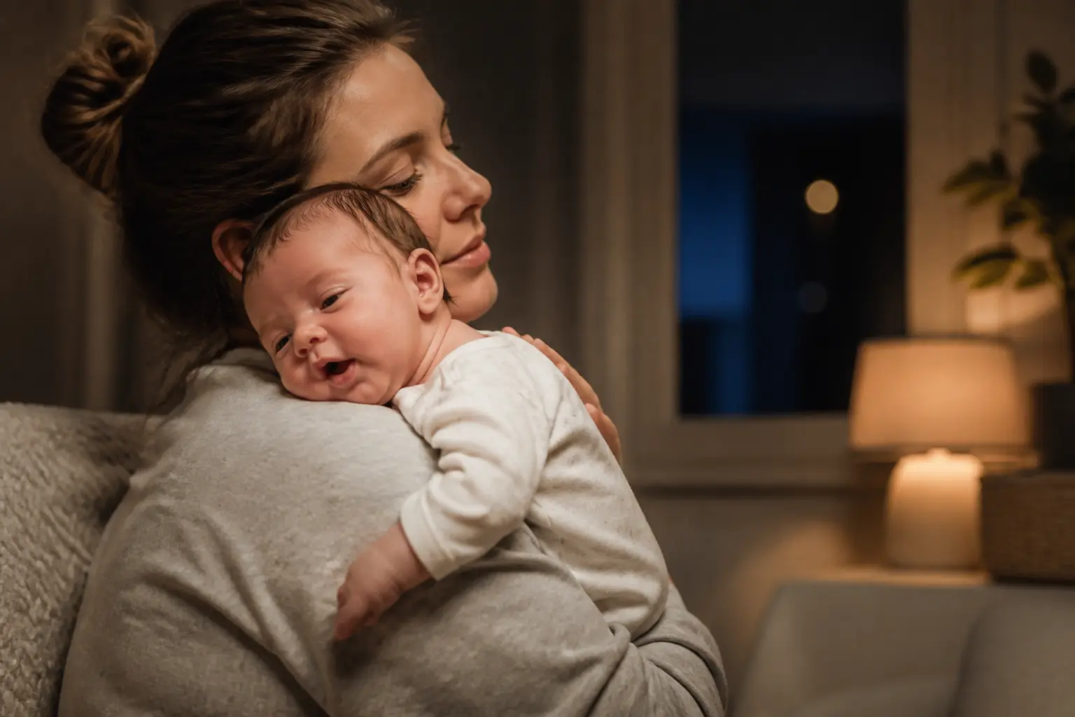 Comment faire passer le hoquet bébé : parent berçant un nouveau-né contre l’épaule dans un salon apaisant, nuit douce