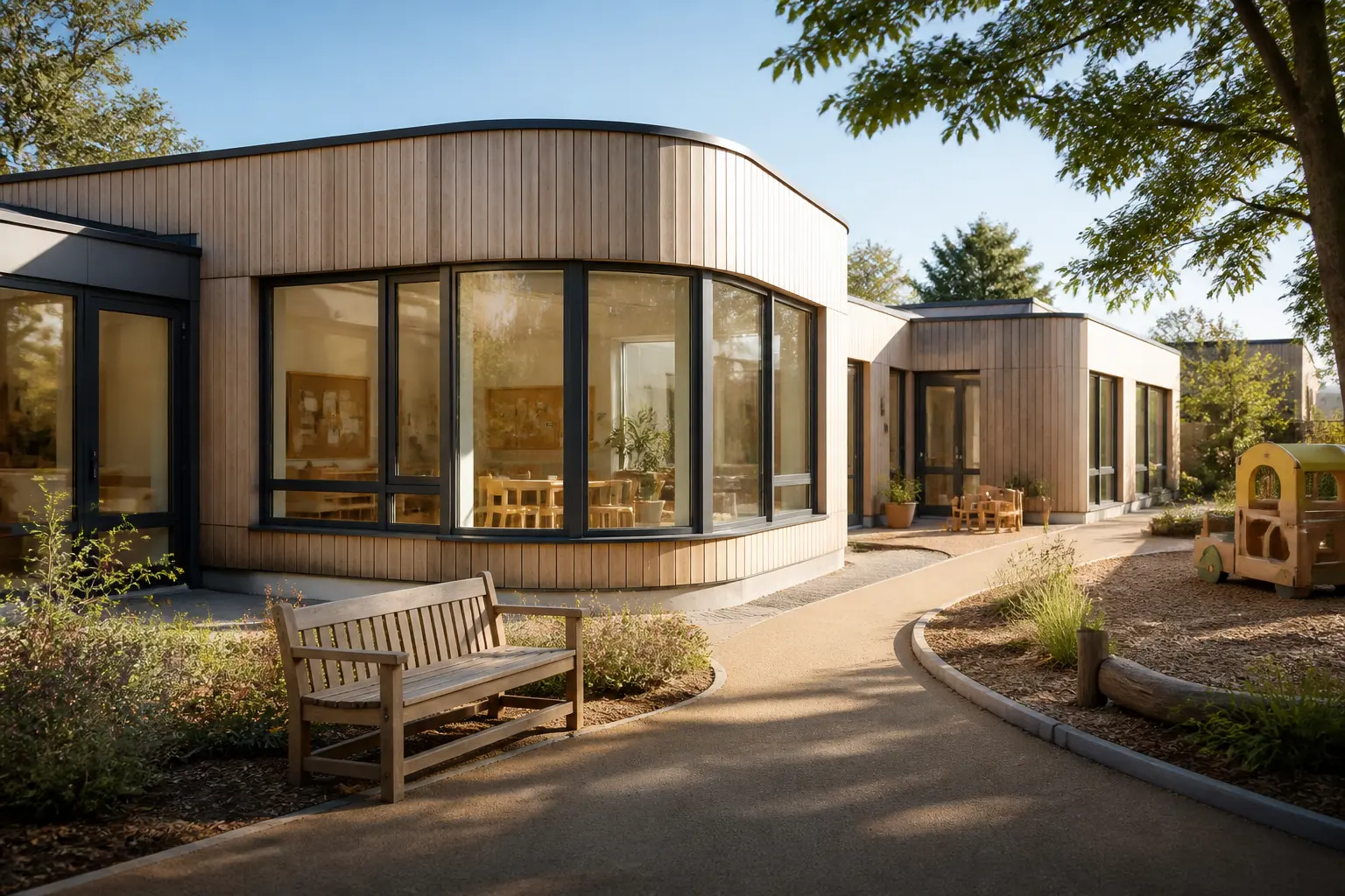 Crèche préfabriquée moderne en extérieur, façade chaleureuse, fenêtres sécurisées, entrée paysagée et accès accessibles