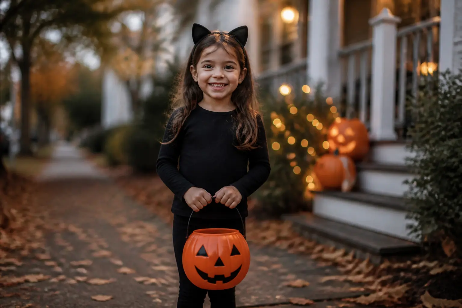 Déguisement halloween enfant : enfant souriant en costume simple, tenant un seau citrouille, décor d’Halloween chaleureux dehors