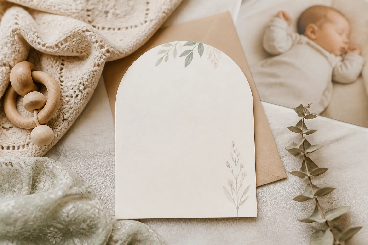 Faire-part naissance idées : carte vierge élégante, enveloppe, bébé et déco bohème sur fond naturel doux