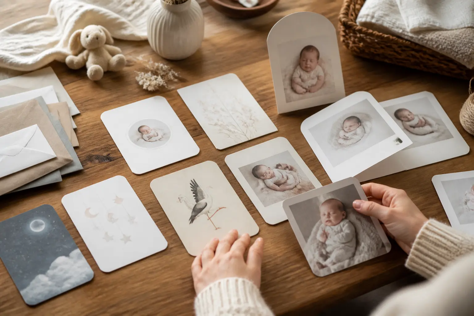 Faire-part naissance original en flat lay sur table en bois, cartes élégantes, enveloppes et ambiance douce de choix
