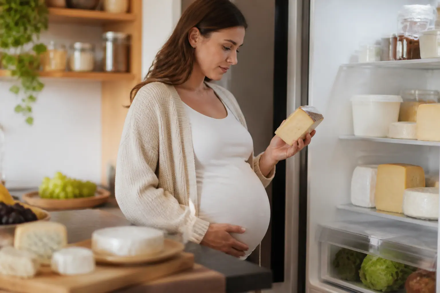 Grossesse fromage autorisé : femme enceinte choisissant des fromages sûrs dans une cuisine moderne, ambiance rassurante