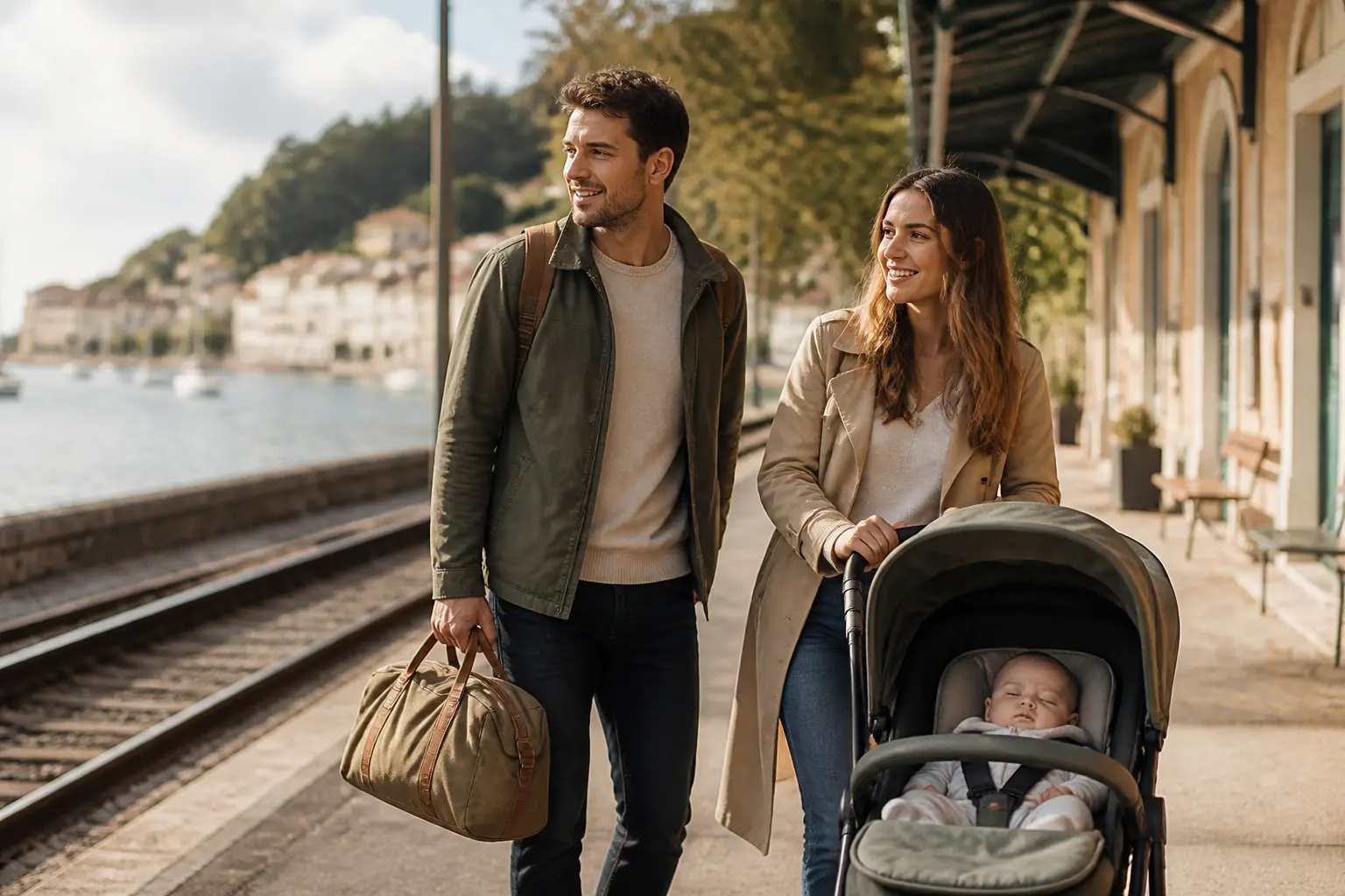où partir avec bébé 3 mois france : jeune famille française avec poussette et sac près d’une gare calme en France
