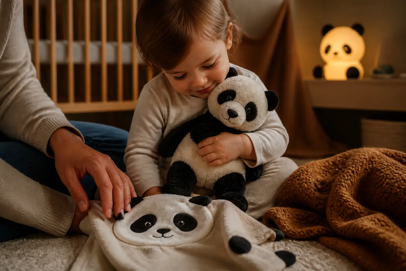 Bébé avec panda doudou, parent à côté, chambre douce et lit bébé, ambiance nuit rassurante et réaliste