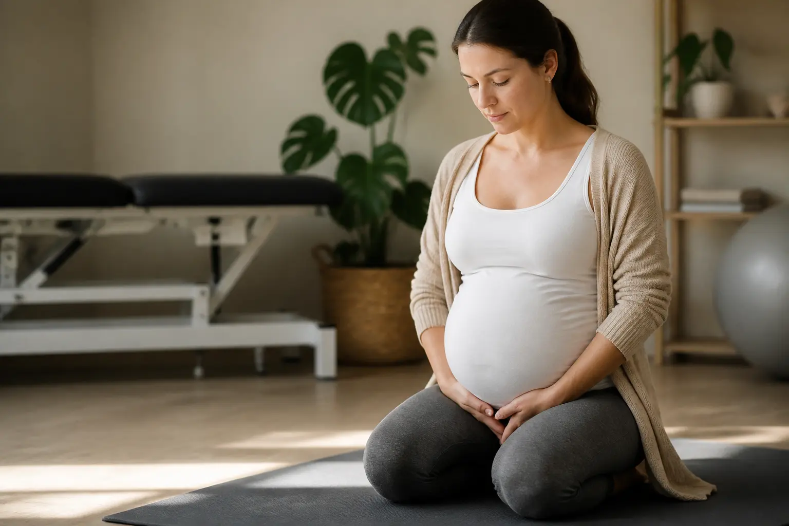 Périnée grossesse rééducation : femme enceinte en posture douce, ambiance calme, soutien du bassin et rééducation postpartum