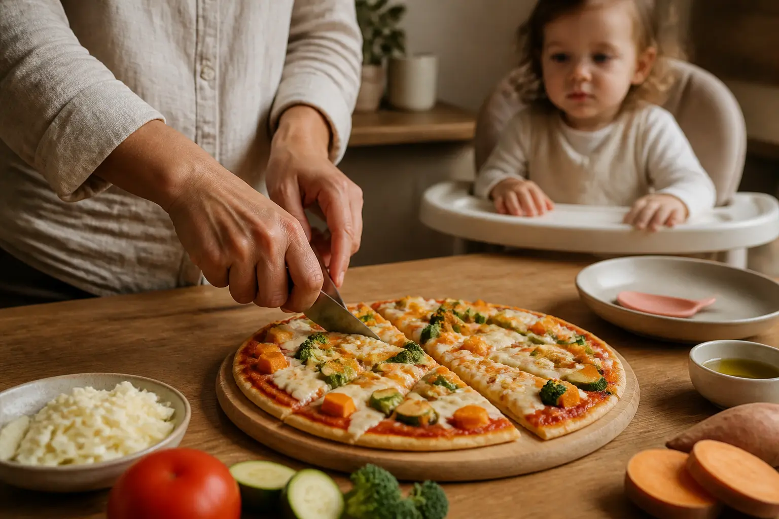 Pizza bebe maison coupée en petits morceaux, servie à un tout-petit dans une cuisine familiale chaleureuse avec légumes doux et mozzarella