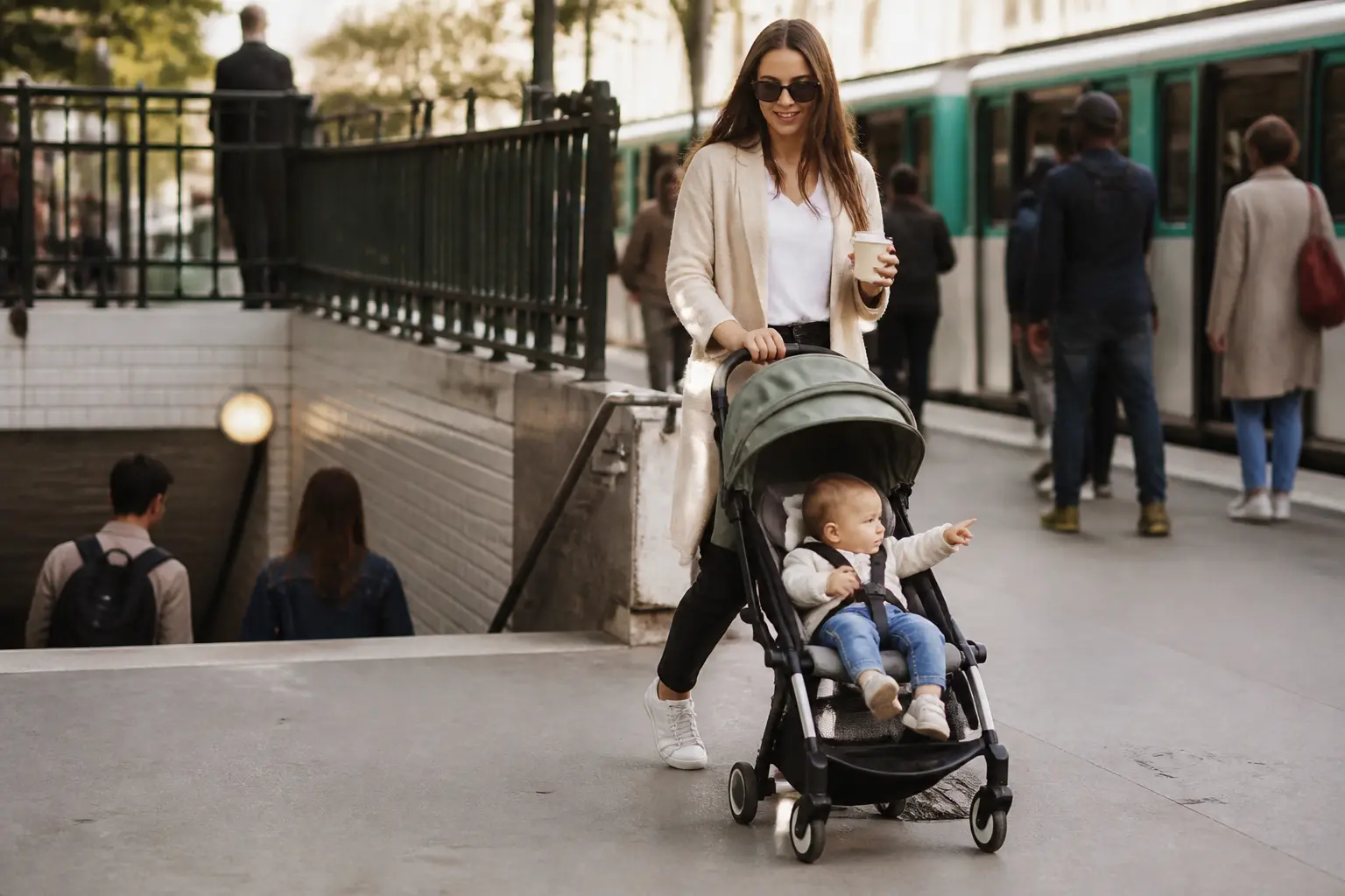 poussette yoyo avis : parent en ville poussant une poussette compacte légère près d’une station de métro, style premium