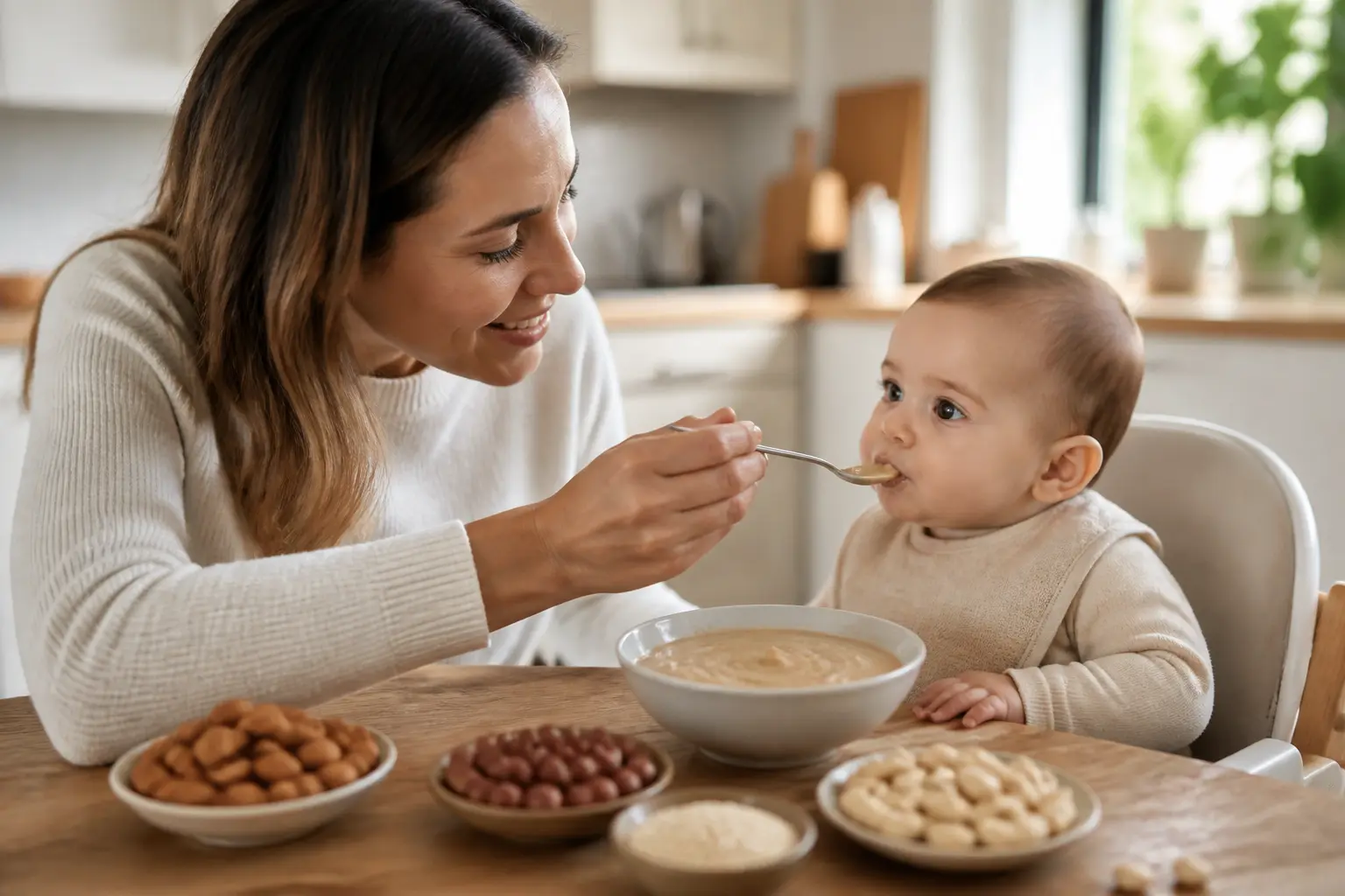 Parent nourrissant bébé avec puree oleagineux bebe, bol de purée lisse, amandes et noisettes en fond, cuisine douce
