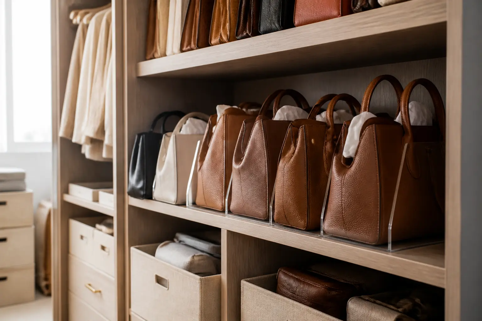 rangement sac à main dans un dressing chic, sacs élégants rangés sur étagères et en boîtes de rangement, lumière naturelle