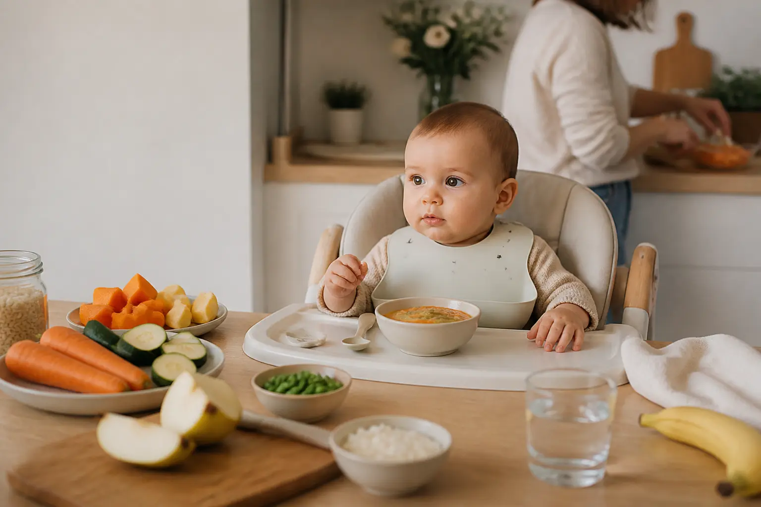 Recette bébé 9 mois dans une cuisine familiale : purée douce, légumes, fruits, eau et mains parentales au repas.