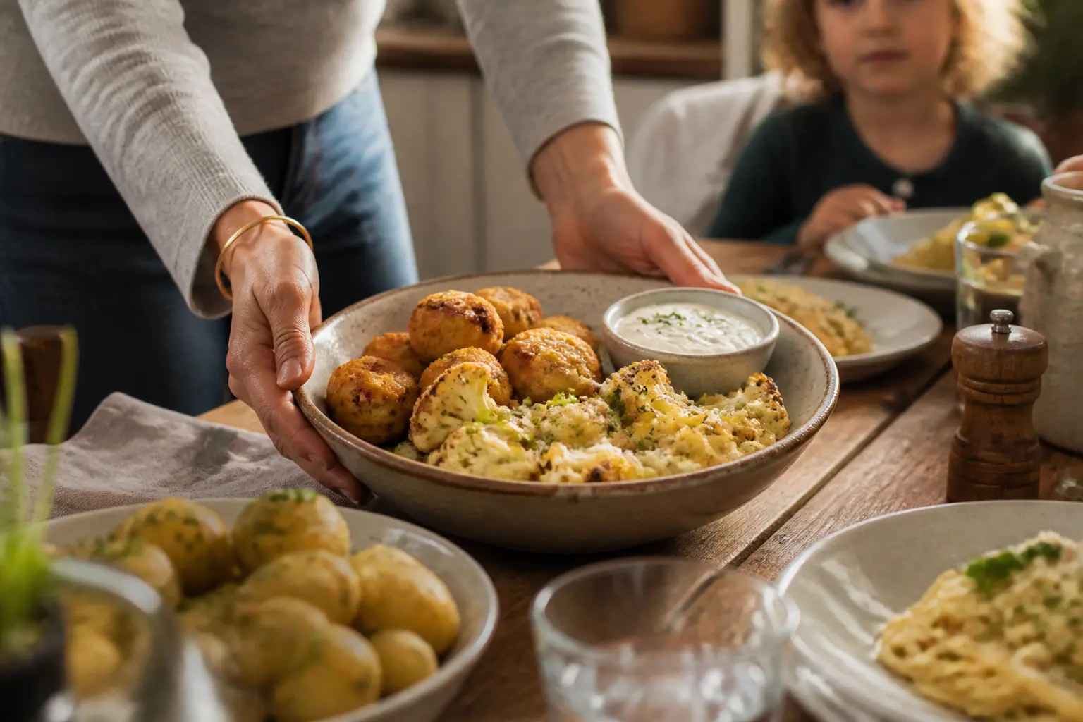 Recette chou fleur enfant : croquettes de chou-fleur dorées, fleurettes rôties au parmesan et sauce yaourt-herbes en cuisine familiale
