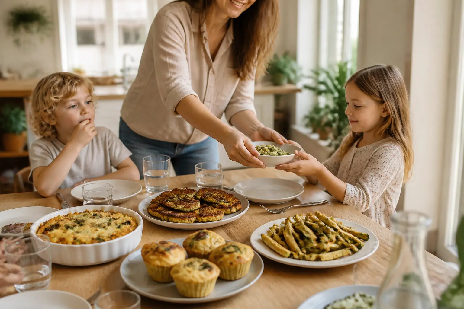 Repas familial chaleureux avec recette courgette enfant : beignets, frites, gratin, pâtes et muffins de courgette.