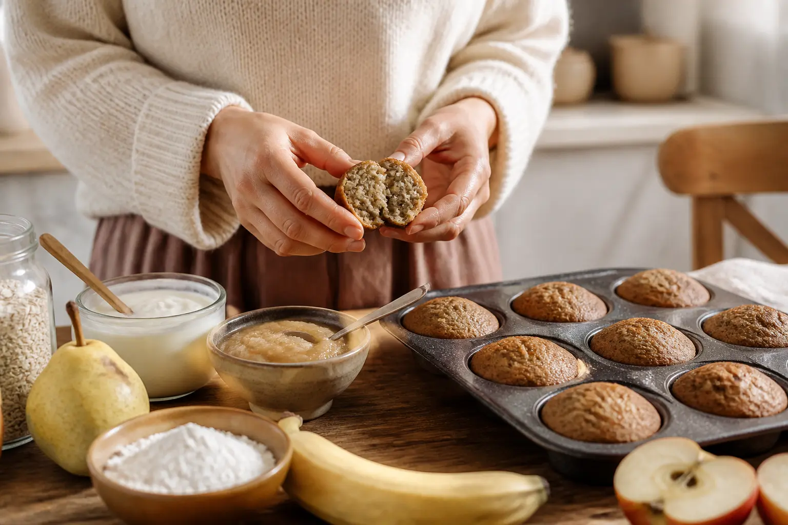 recette gateau bebe : mains préparant un gâteau moelleux pour bébé, ingrédients sains sur table, cuisine chaleureuse
