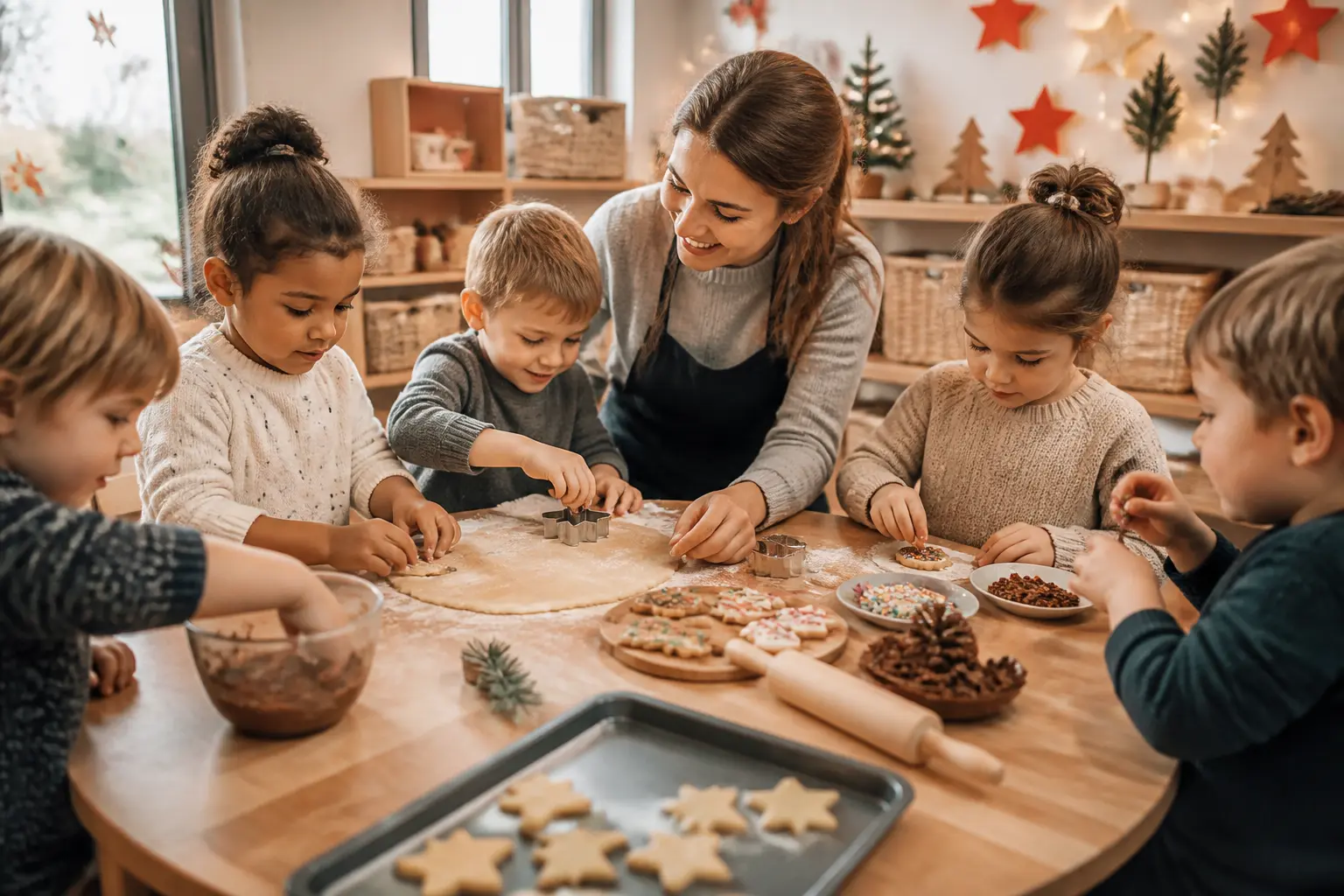 recette noel maternelle : enfants en maternelle préparant des sablés et gourmandises de Noël avec leur enseignante en classe