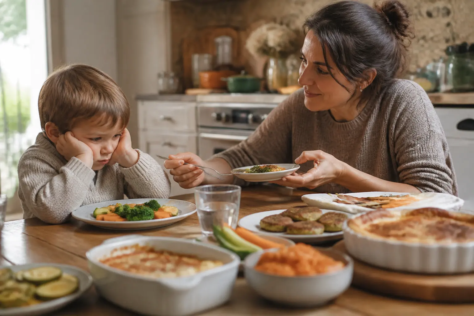 Recette pour faire manger des légumes aux enfants : enfant hésitant devant légumes, parent propose un plat maison chaleureux.