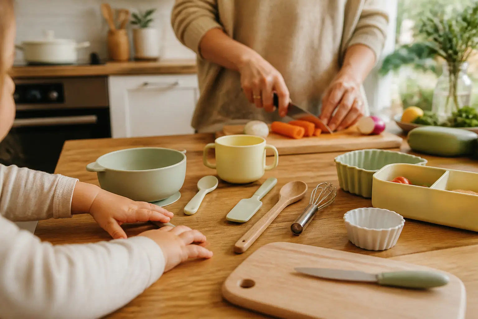Ustensiles cuisine bebe sur plan de travail en bois, bébé et adulte cuisinent dans une cuisine familiale chaleureuse.