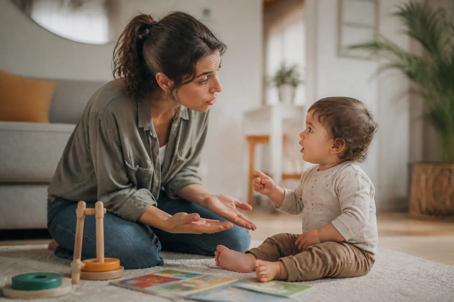 À quel âge bébé parle : parent français rassuré avec un bébé de 18 mois, gestes, regard et livre d’éveil au salon