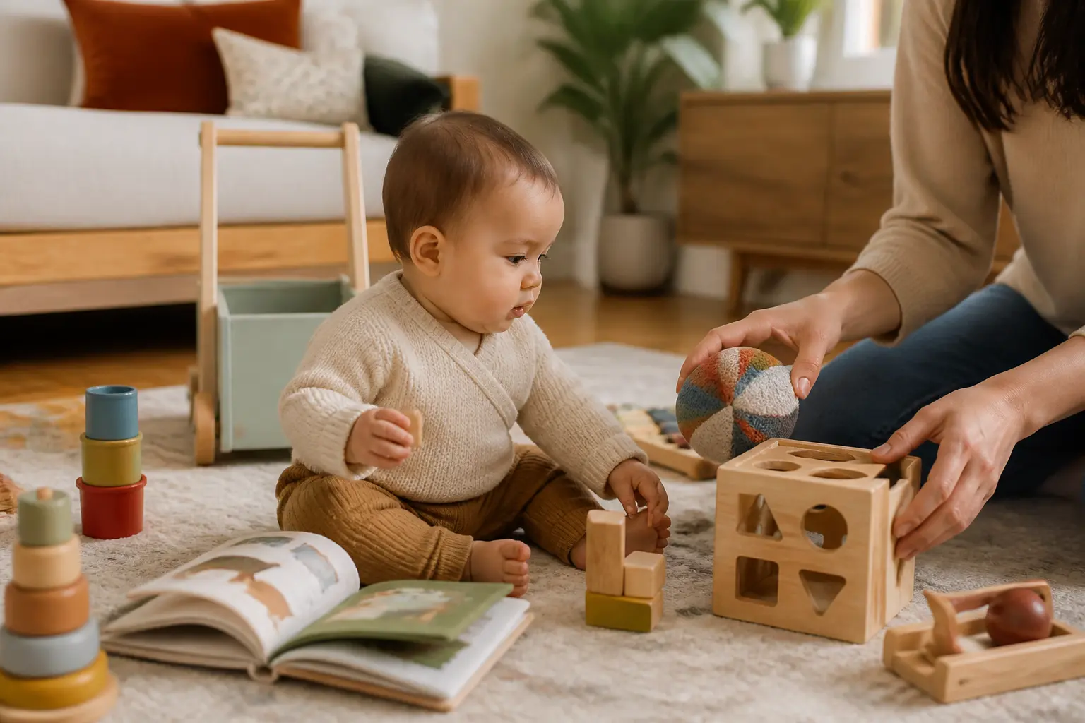 Cadeau bébé 1 an : bébé de 12 mois jouant avec jouets en bois, livre tissu et jouets sensoriels dans un salon chaleureux