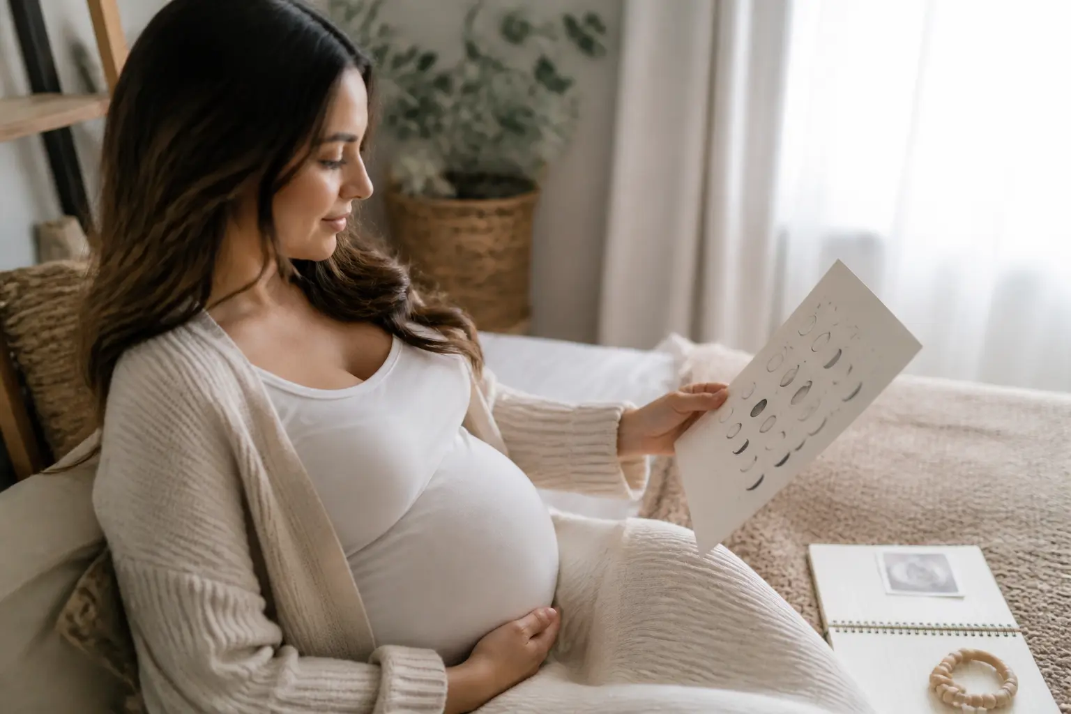Femme enceinte consultant un calendrier chinois grossesse dans un intérieur doux, avec carnet bébé et lumière naturelle.