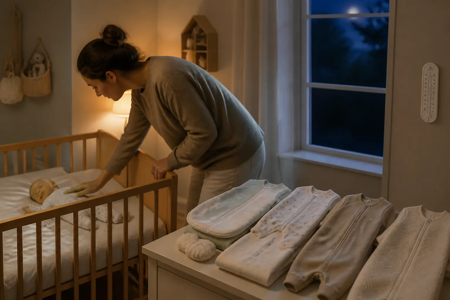Comment habiller bébé la nuit : parent vérifie bébé endormi, tenues de nuit prêtes et thermomètre dans une chambre douce.