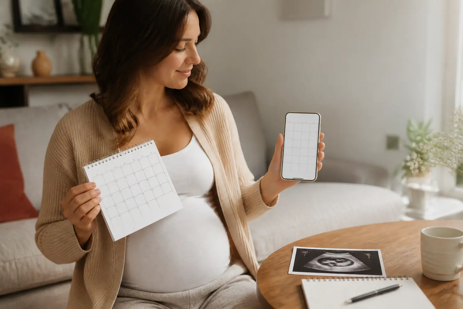 Date accouchement calcul : femme enceinte tenant un calendrier et un smartphone, ambiance douce et rassurante à la maison