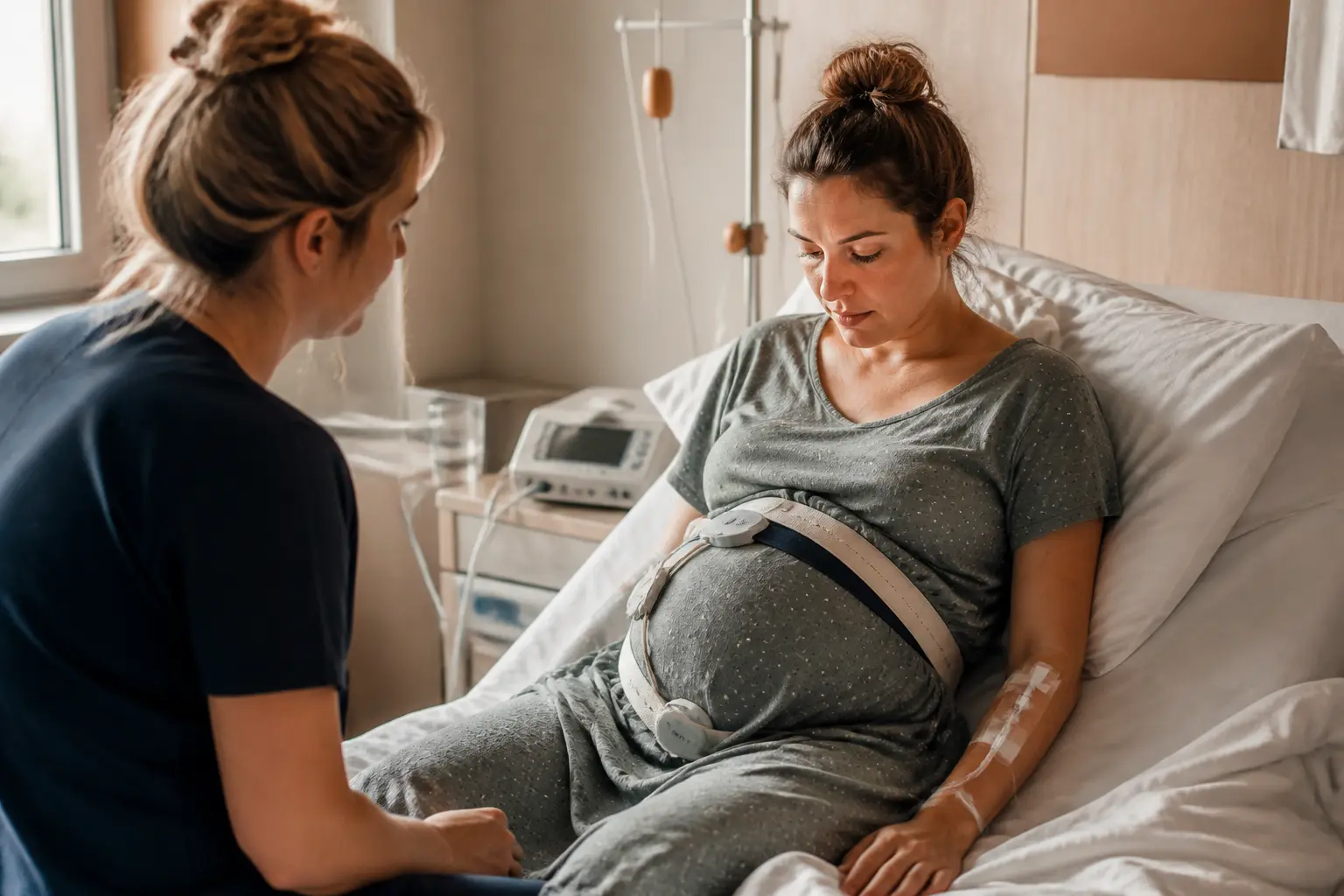 Déclenchement combien de temps pour accoucher : femme enceinte en salle de maternité, monitoring et sage-femme à ses côtés
