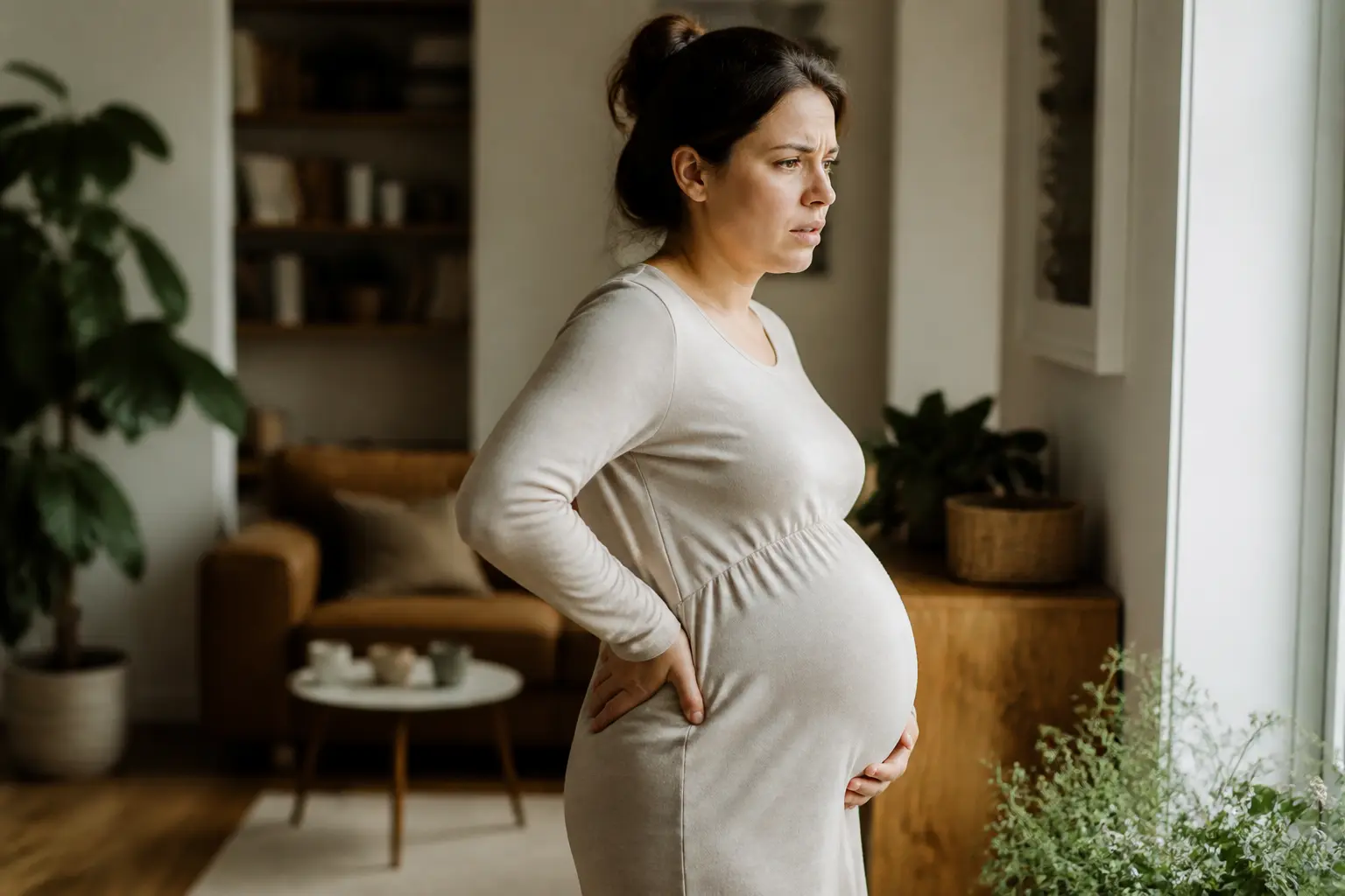 Femme enceinte inquiète dans un intérieur moderne, illustrant le déni de grossesse avec une main sur le ventre.