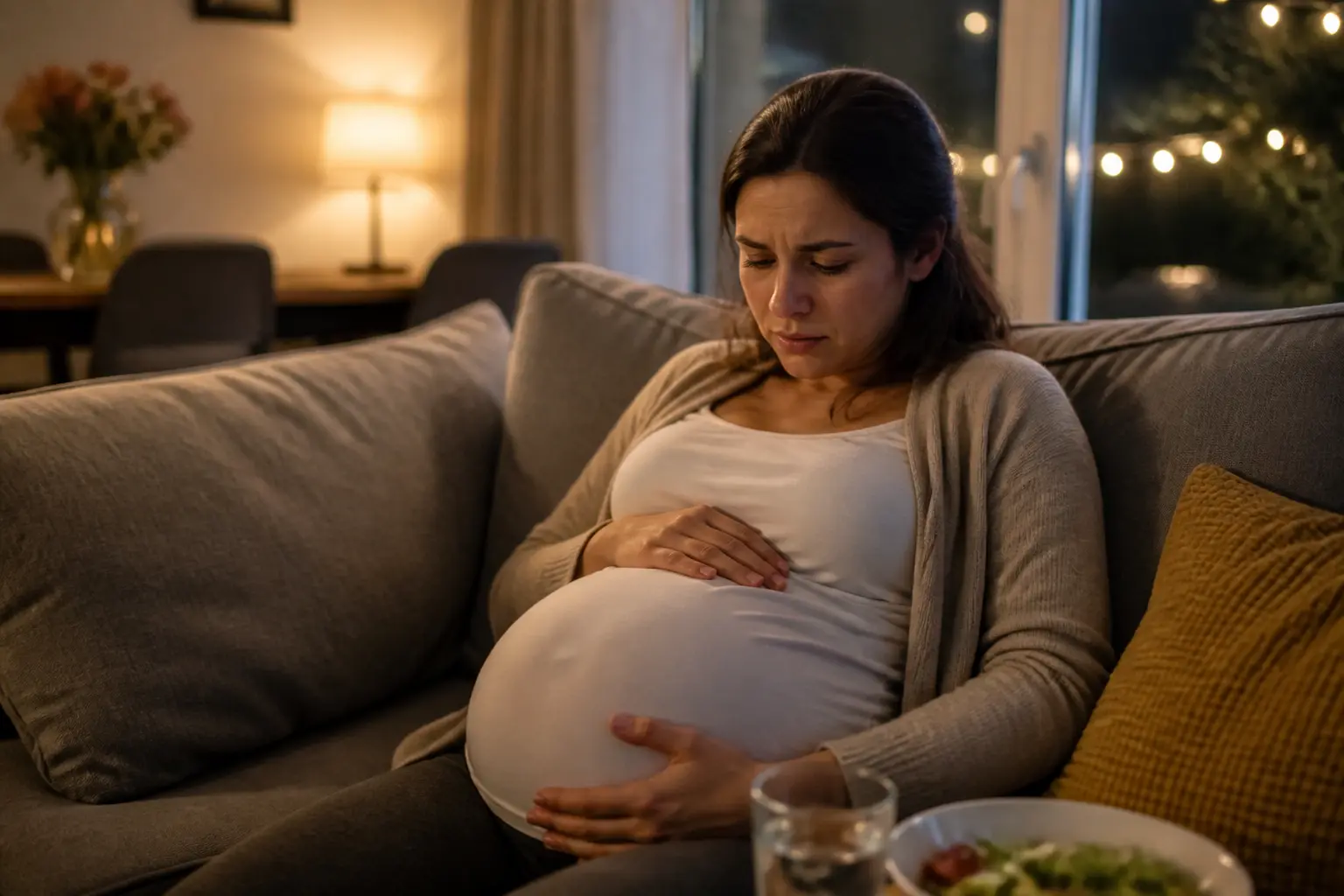 Femme enceinte sur un canapé, main sur le ventre, illustrant la différence entre gaz et bébé qui bouge dans une ambiance douce.