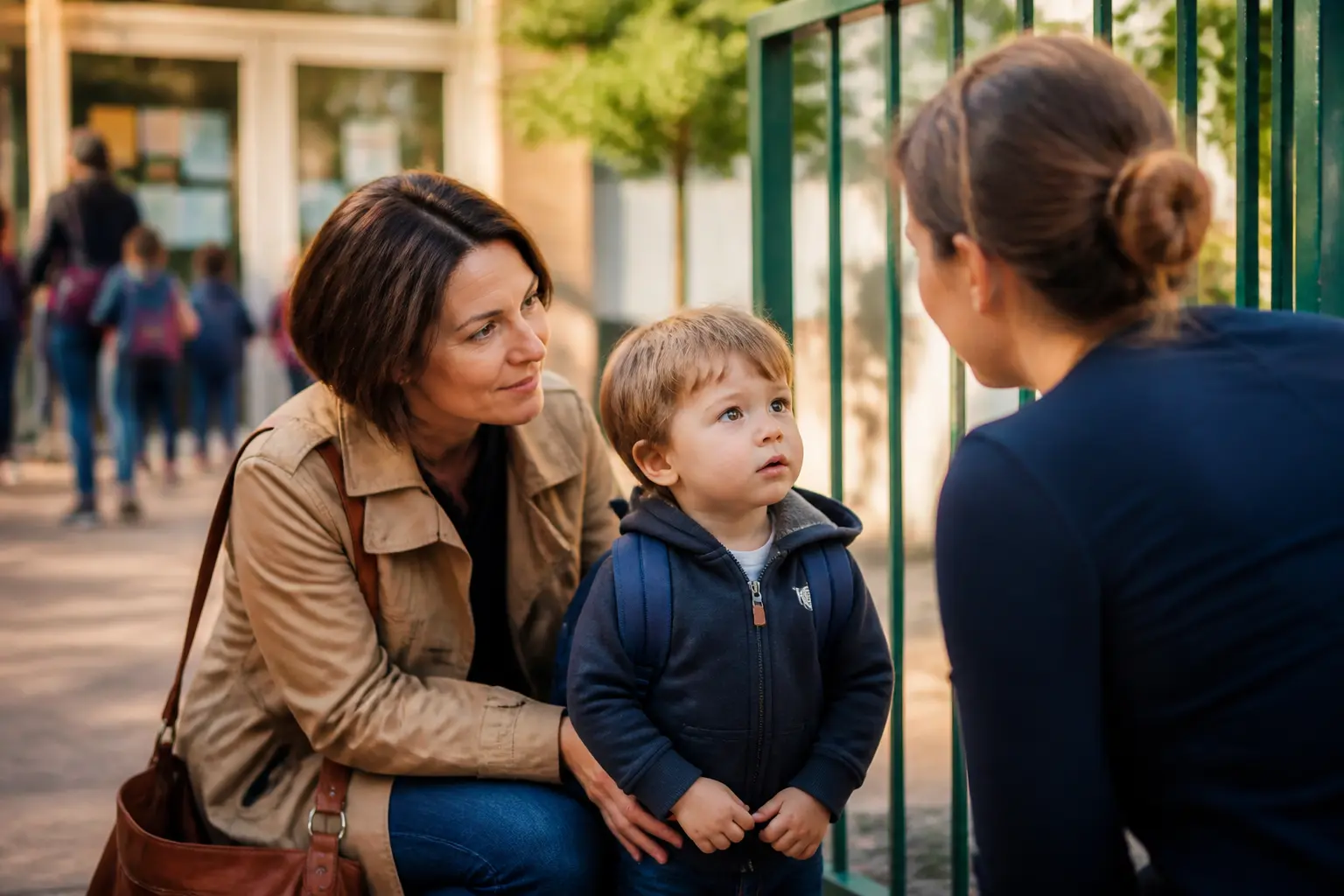 Entrée en maternelle à 2 ans et demi : parent rassurant et tout-petit avec petit sac devant une école maternelle française