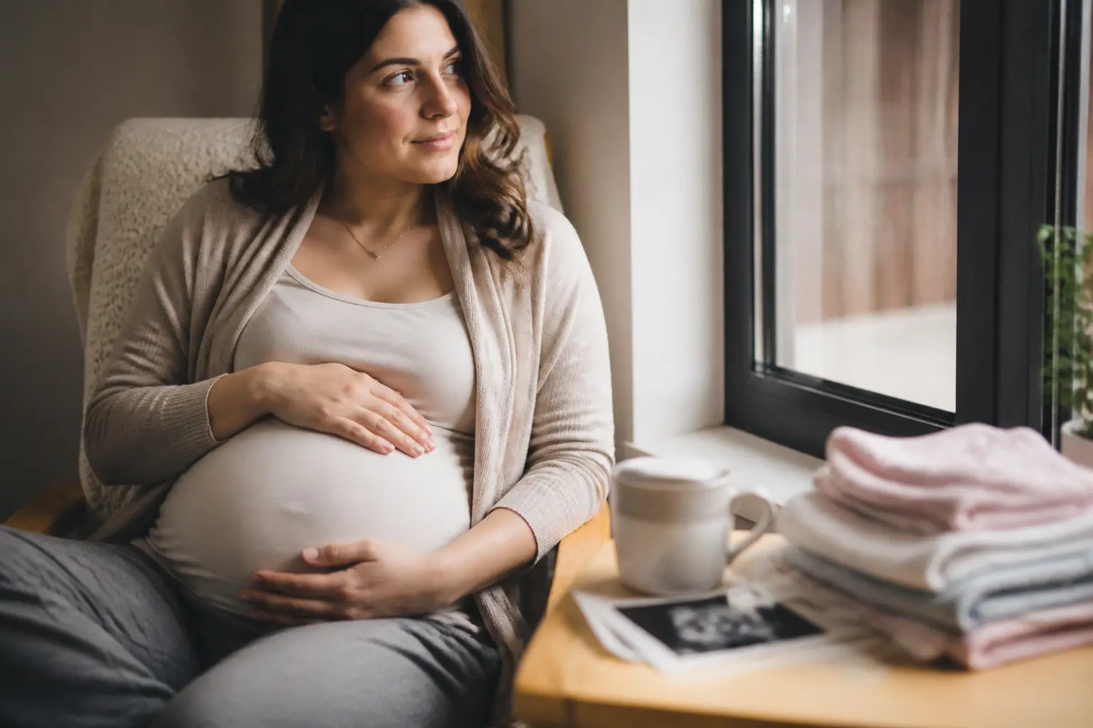 Femme enceinte au 2e trimestre près d’une fenêtre, signe fille ou garçon signe qui ne trompe pas grossesse, main sur le ventre