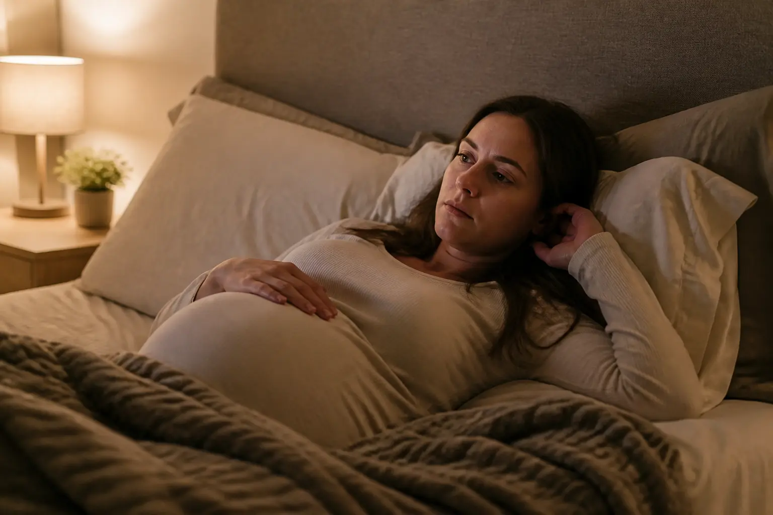 Femme enceinte éveillée au lit la nuit, main sur le ventre, illustrant la grossesse insomnies dans une chambre douce et chaleureuse