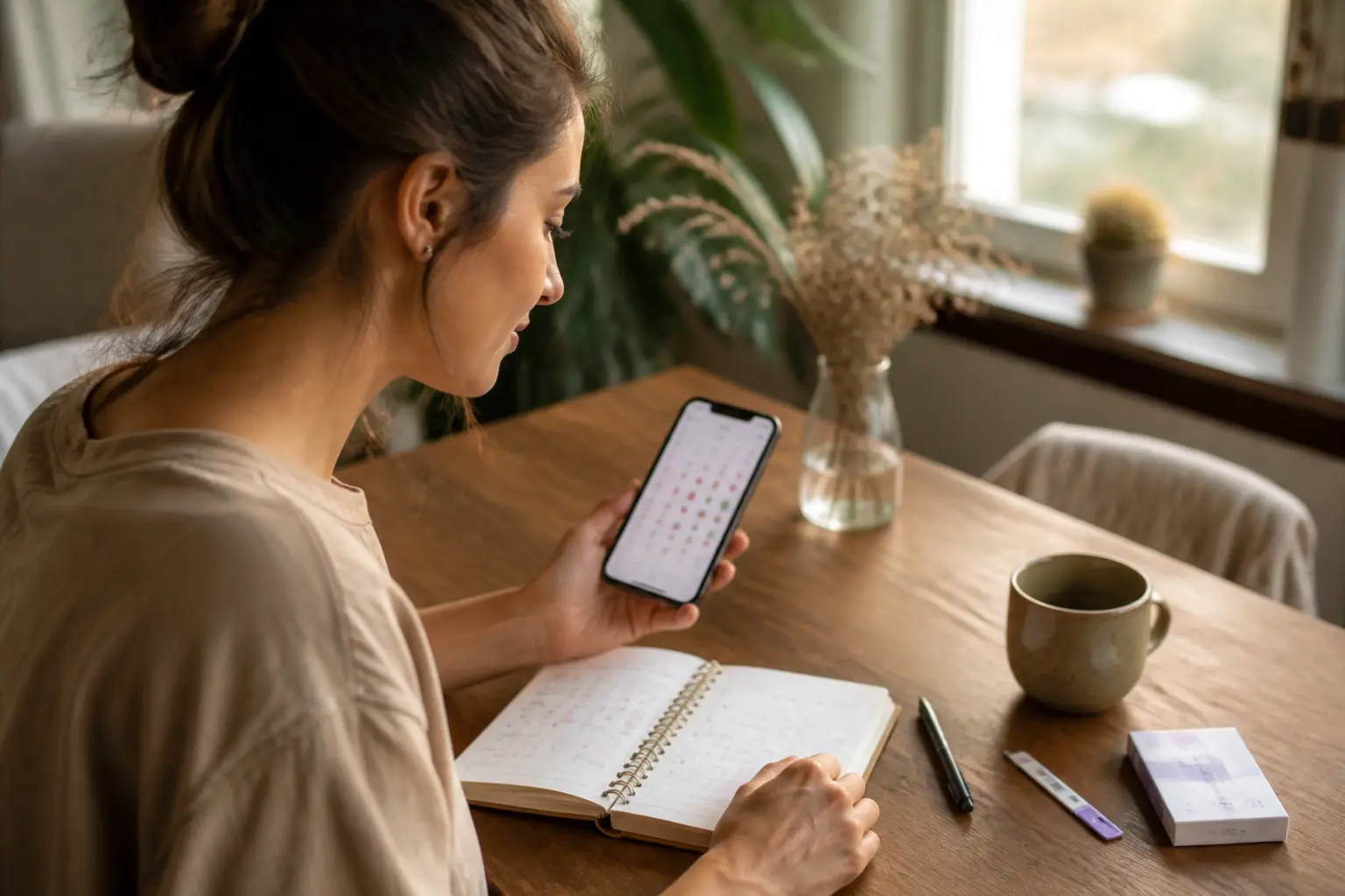 Jeune femme consultant son journal et son smartphone pour suivre sa période ovulation, dans un intérieur calme et lumineux