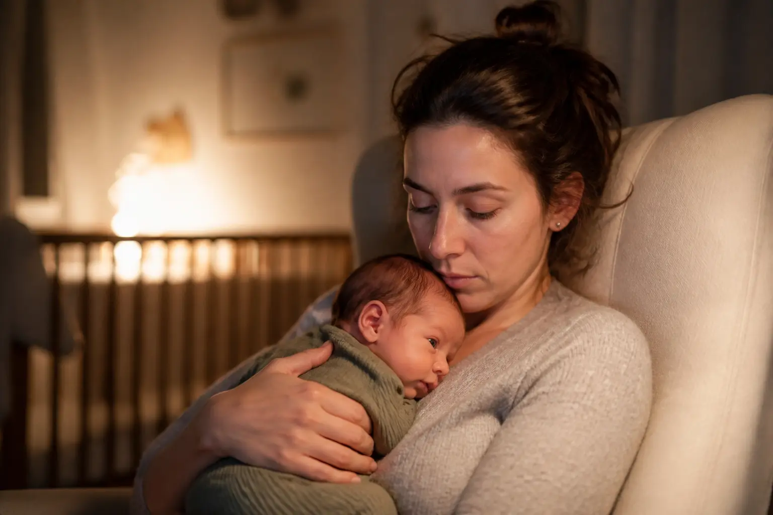 Parent français fatigué berçant un nouveau-né la nuit, pic de croissance bébé, ambiance douce et rassurante