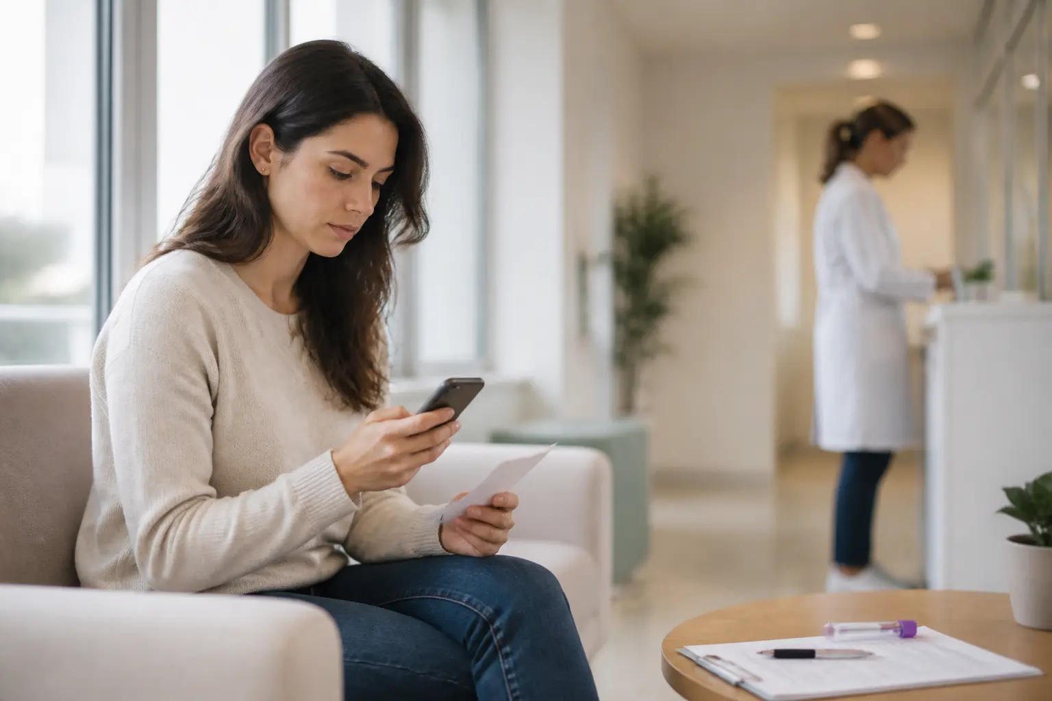Jeune femme en clinique, attendant les résultats d’une prise de sang grossesse, avec soignant flou en arrière-plan