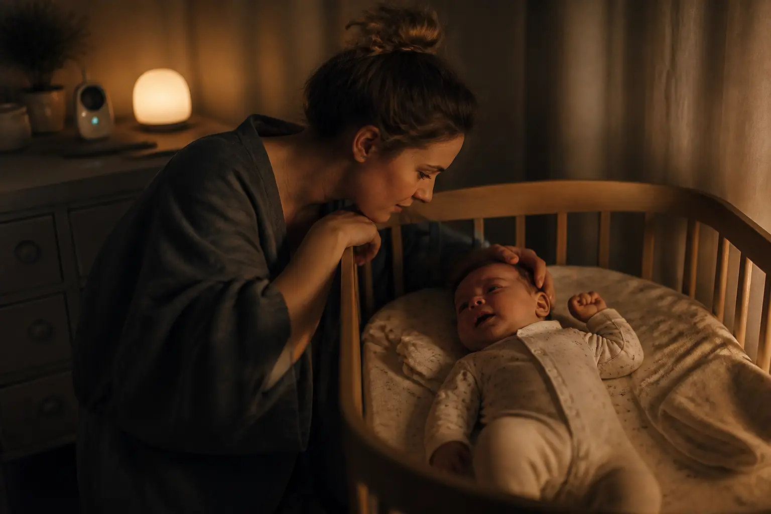 Parent apaisant bébé dans une chambre douce, illustrant la régression sommeil bébé avec veilleuse et moniteur.