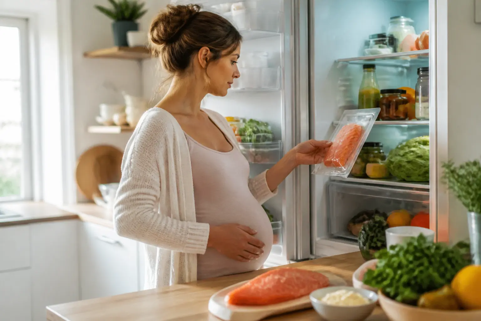 Saumon fumé enceinte : femme enceinte hésitante devant un frigo ouvert, cuisine lumineuse, aliments sains à côté
