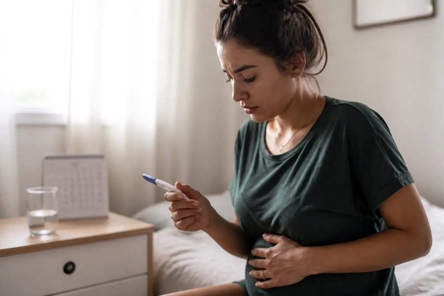 symptômes grossesse 1 semaine : jeune femme pensive sur un lit, test de grossesse caché, main sur le bas-ventre, lumière douce