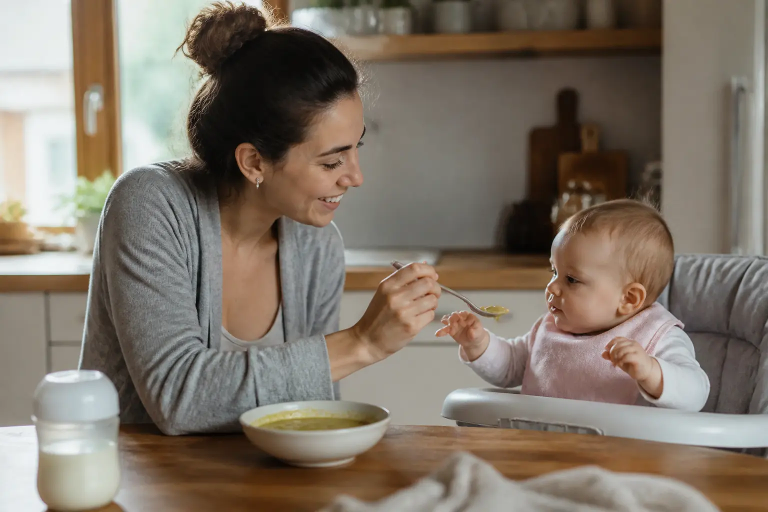 tableau alimentation bébé 4 mois : parent offre une cuillère de purée lisse à un bébé curieux en chaise haute, cuisine chaleureuse