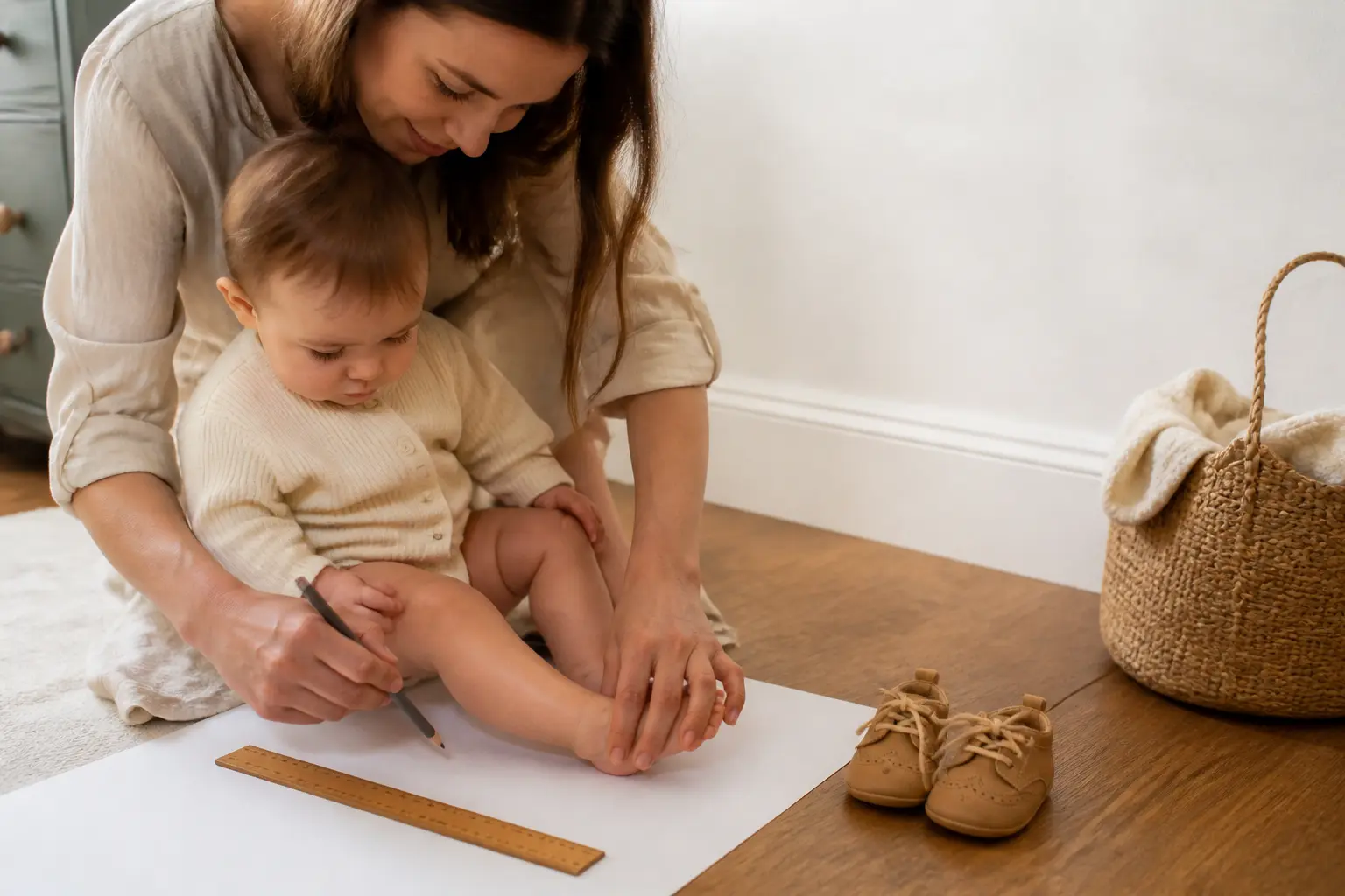 Parent mesurant la taille chaussure bébé sur une feuille, avec règle et petites chaussures, intérieur doux et naturel